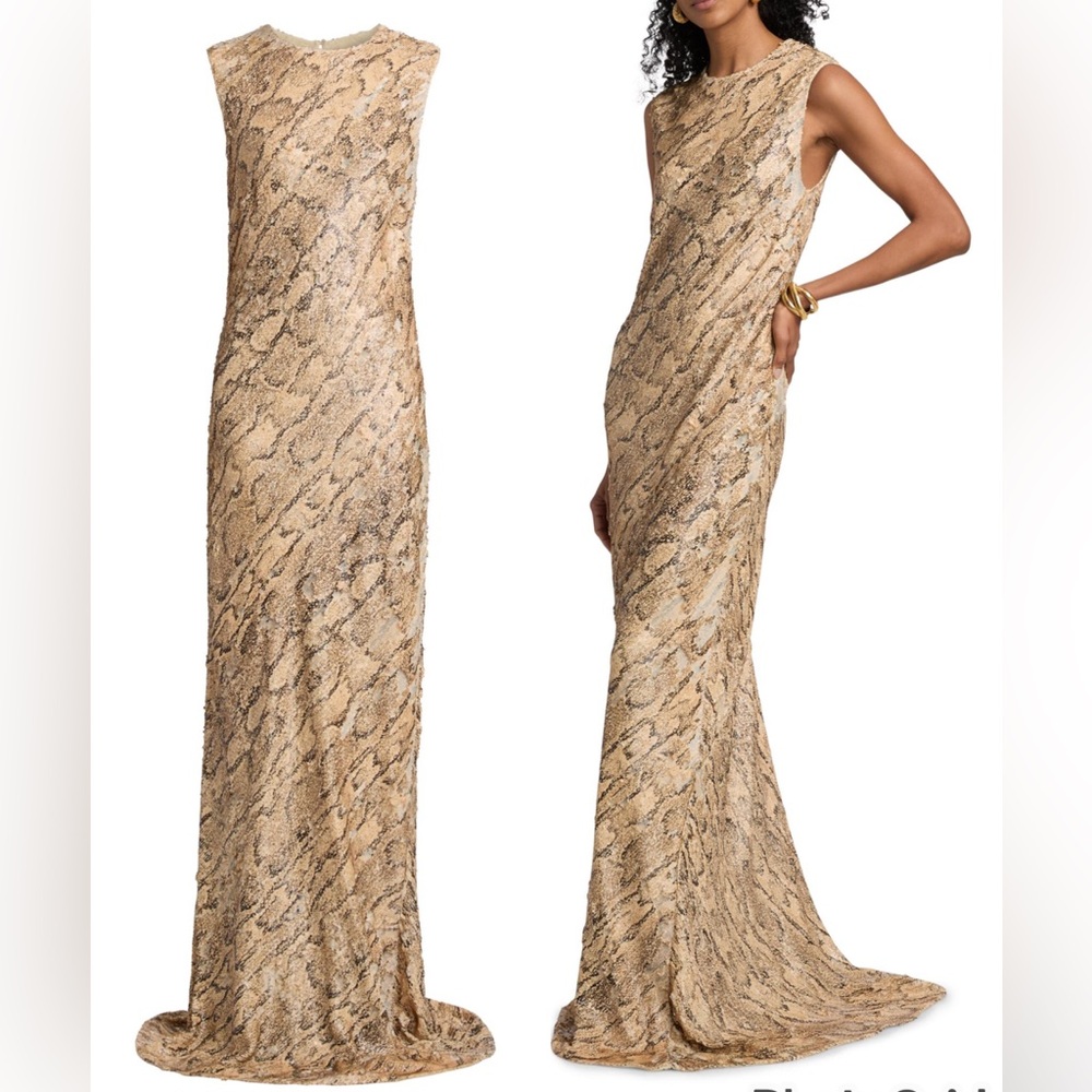 Dries Van Noten Depal Snakeskin Print Column Gown Sequined Maxi Dress